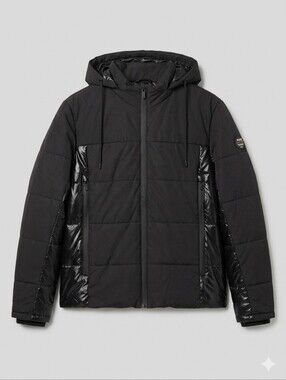 NWOT Being Human Men's Hooded Black Jacket, Size 3XL, Matte and Glossy Puffer